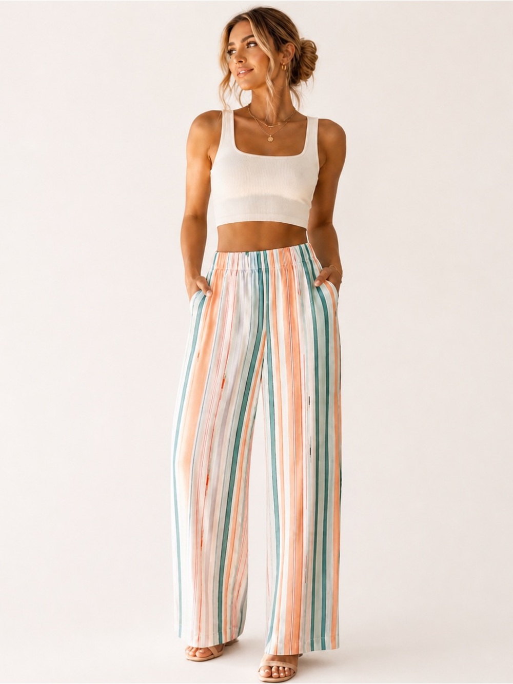Peserico Italy Striped Wide Leg Pants Silk Feel Resort Coastal IT 40